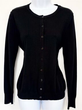 AUGUST SILK Button Up Cardigan Sweater Black Large Silk Blend Lightweight